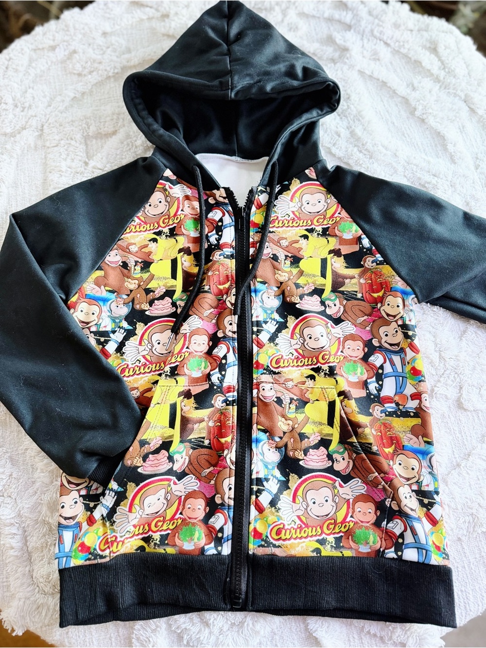 Curious George Kids Zip-Up Hoodie in Black with Multicolor Print Small